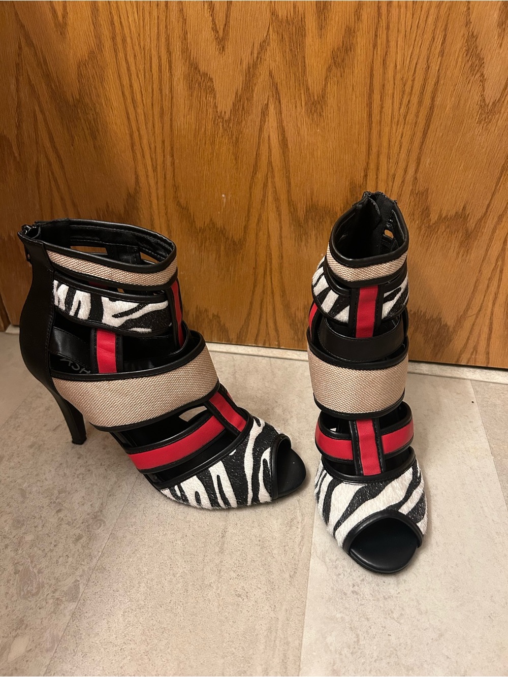 Ashro Zebra Print Strappy Heels with Red and Beige Accents